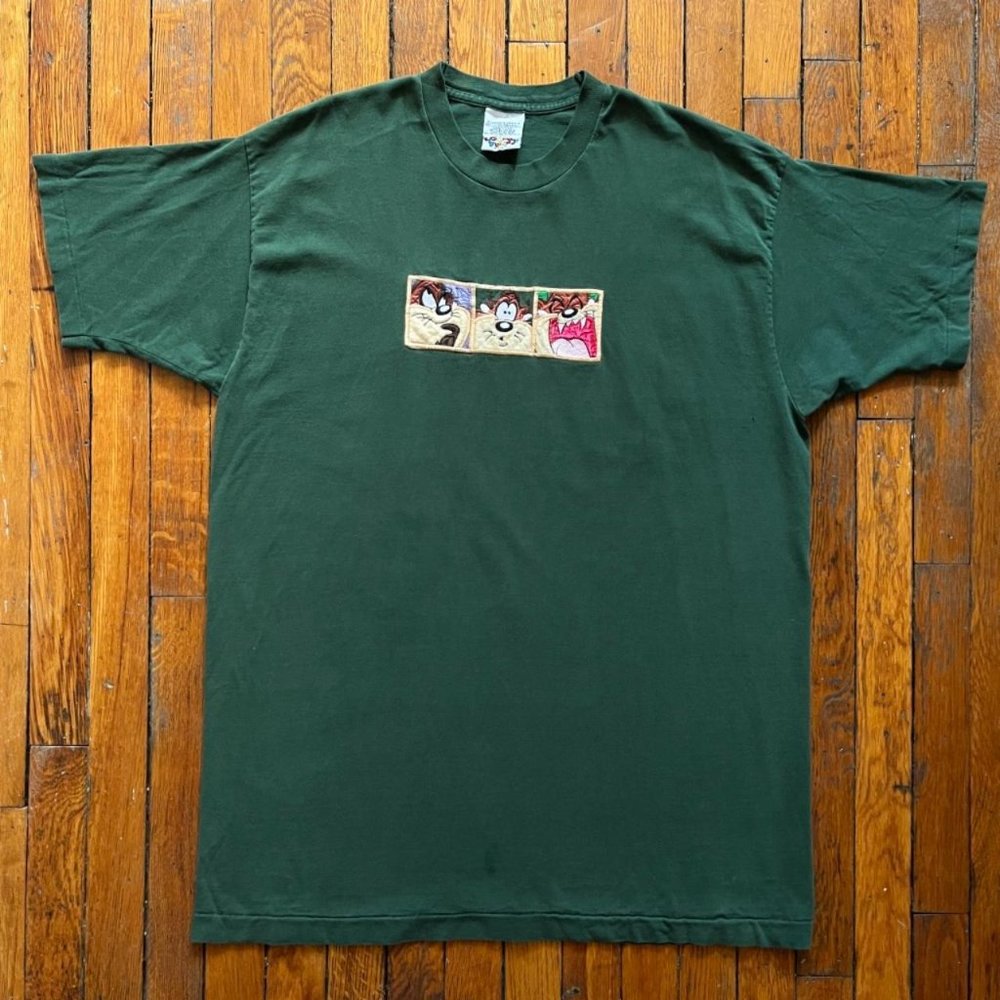 Vintage 80s Taz Looney Tunes Single Stitch Men Green Multi Panel Fuzzy T Shirt